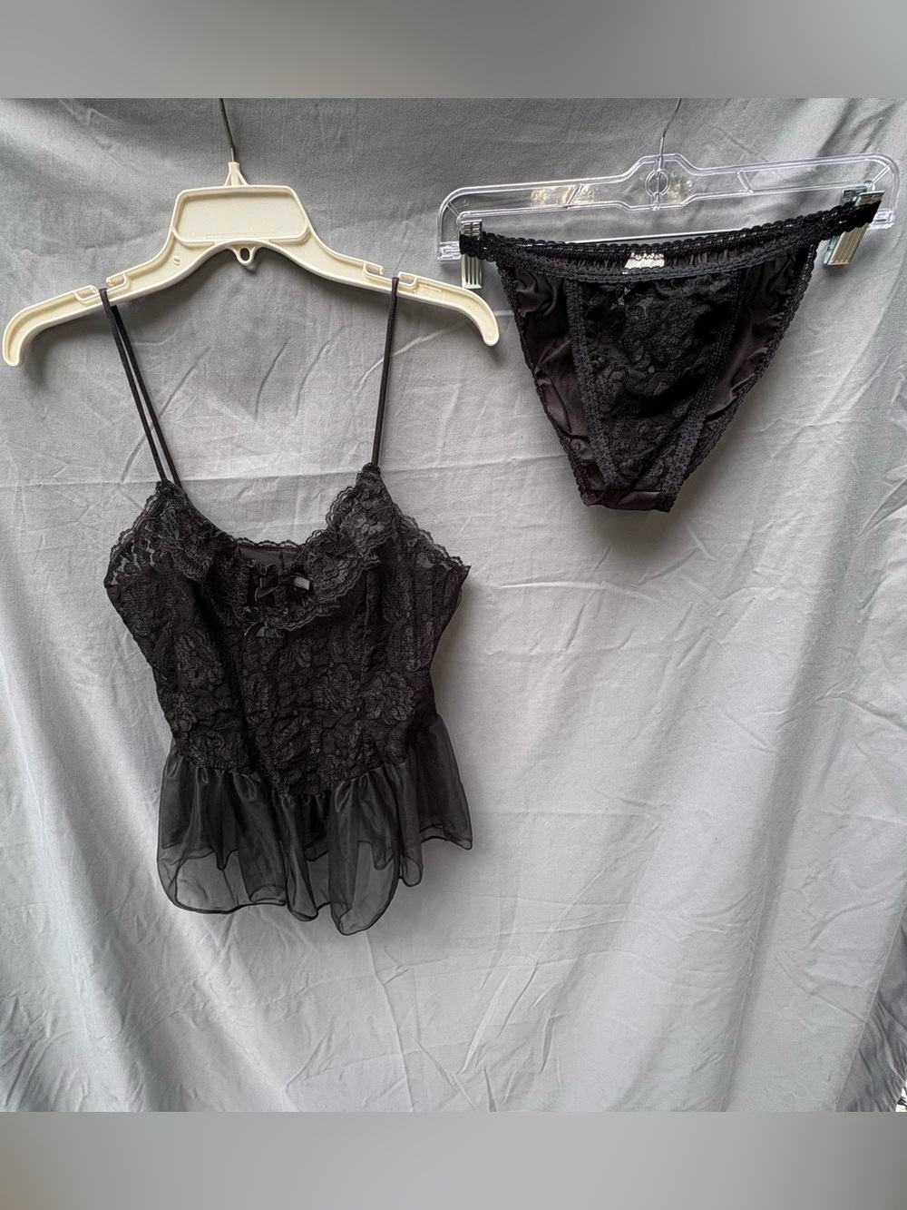Vintage Black Lace/Satin Peplum Cami & Panty Lingerie Set